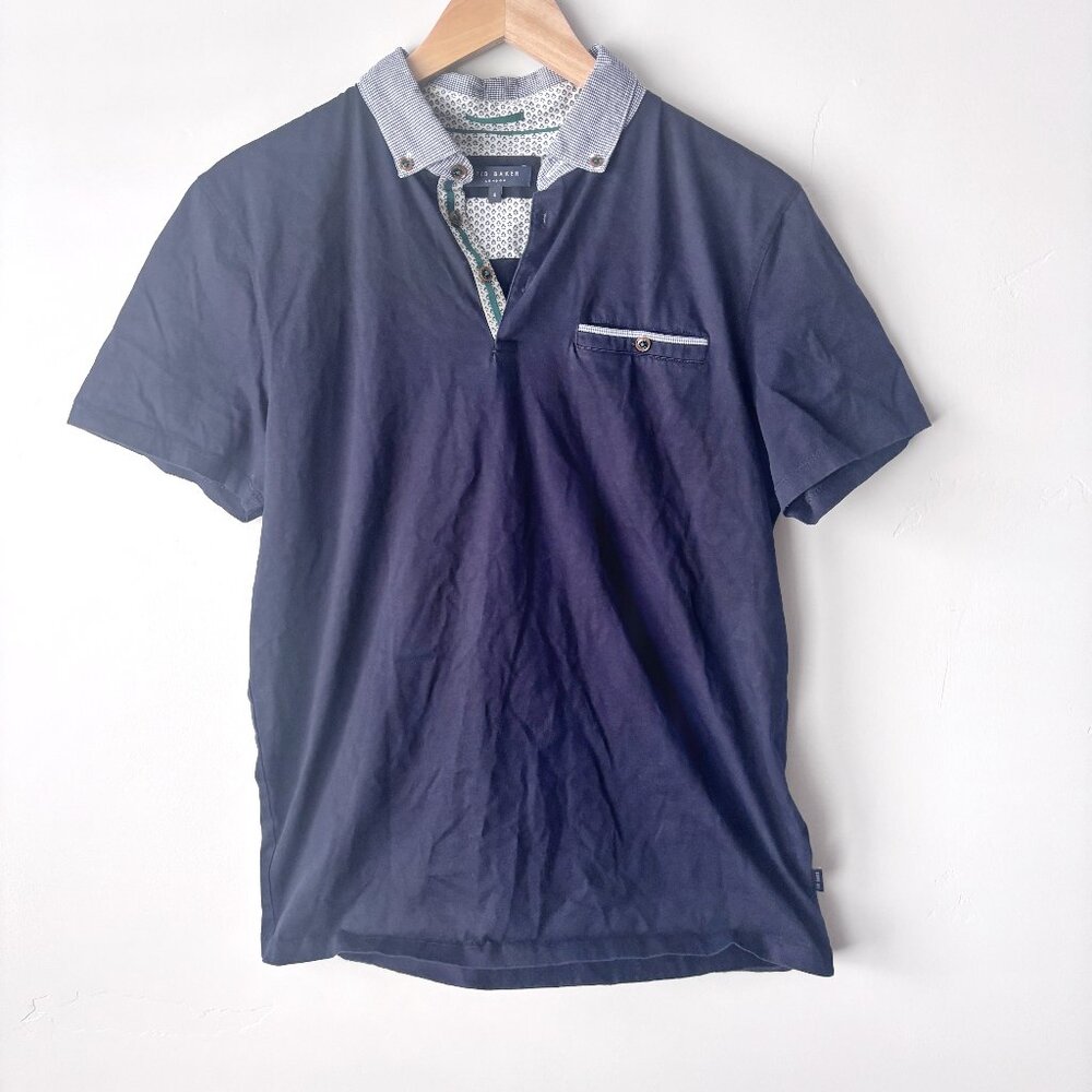 TED BAKER London Polo Shirt Mens Size 4 Contrasting Placket Navy Blue Print
